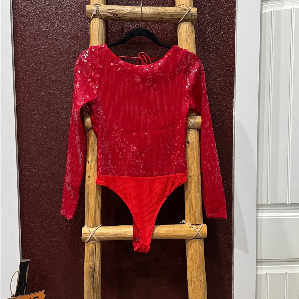 Bardot Deep Red Sequin Bodysuit